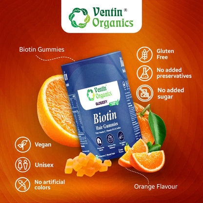 Ventin Organics Glossify Biotin Hair, Skin & Nails Gummies | 30 N | No Added Sugar | Enriched With Vitamins & Minerals | Strengthens Hairs & Nails, Brightens Skin Orange Flavour