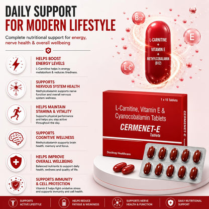 Docttray Healthcare Cermenet-E Tablets with L-Carnitine, Vitamin E & Methylcobalamin, 10 Tablets