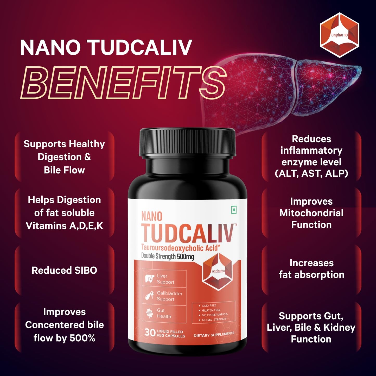 Onpharno TUDCA Liver Supplement | Liver & Gallbladder Support | Enhances Detoxification, Promotes Healthy Bile Flow & Digestion | 500mg – 30 Vegan Capsules