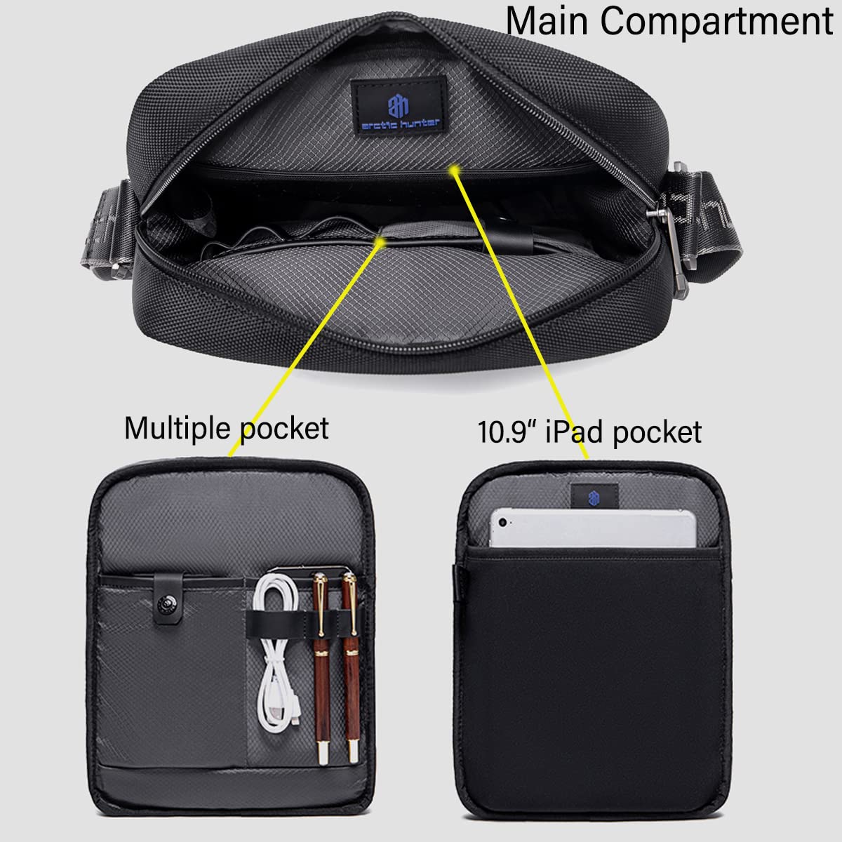 Arctic Hunter Sling Bag for Men Large Side Bag for 10.9" iPad 1680D Premium Polyester Messenger Bag Water-resistant Multi-pocket One Shoulder Crossbody Bag for Travel Office Business College,Black