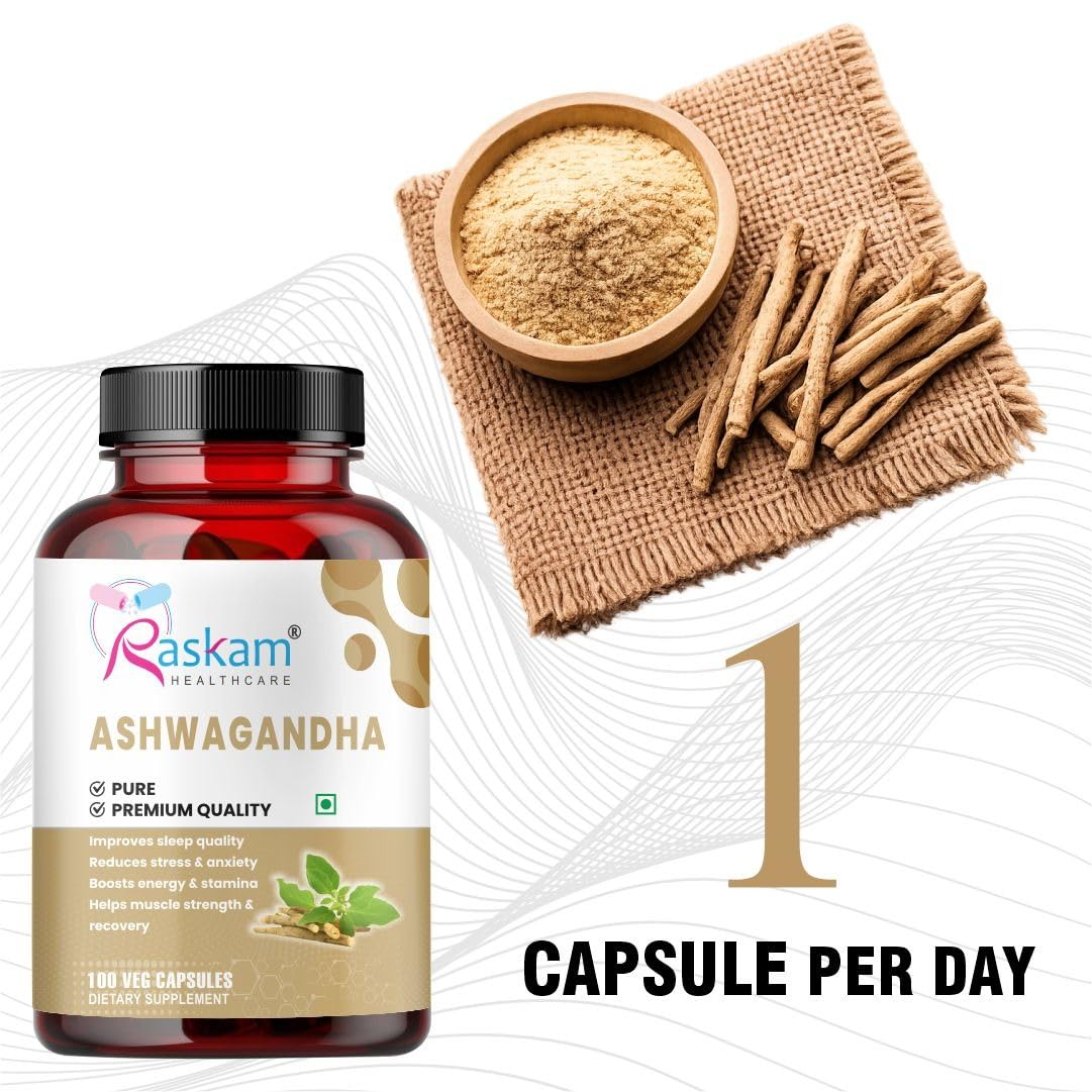 Raskam Ashwagandha 500 mg Capsules, 100 Veg. Capsules, Rejuvenates Body & Brain, Increases Energy, Strengthens Immune System, Reduces Stress & Anxiety
