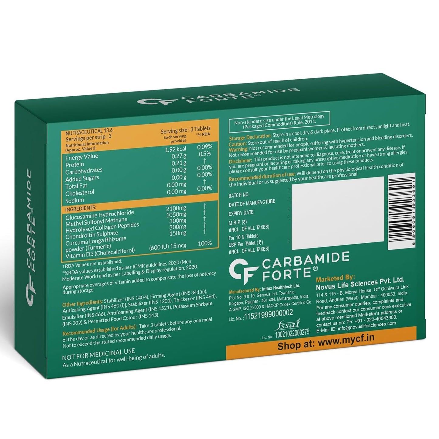 Carbamide Forte Glucosamine & Chondroitin MSM - Joint Support Supplement with Vitamins - 3900mg Per Serving – 10 Tablets