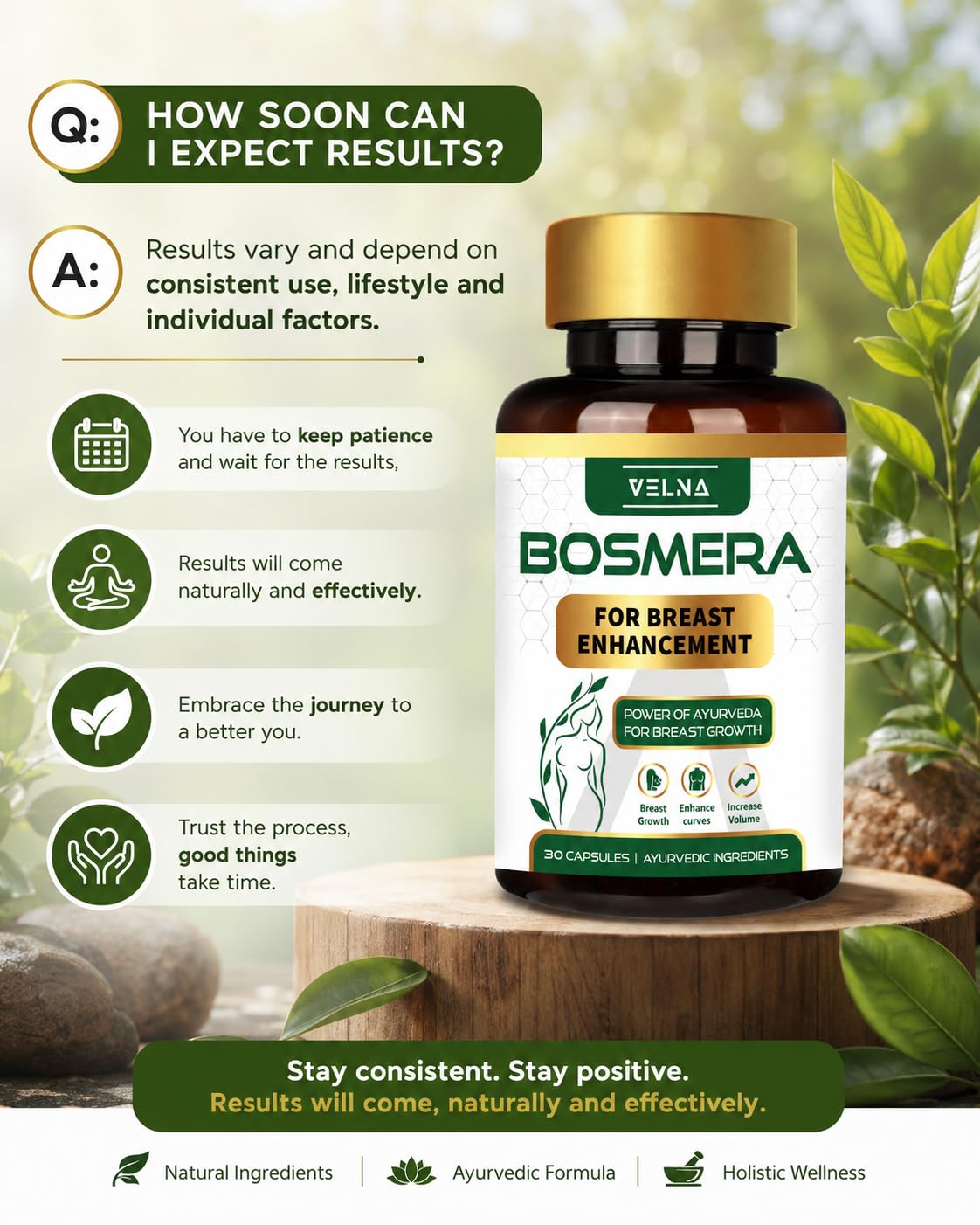 VELNA Bosmera Ayurvedic Women Wellness Capsules for Breast Growth with Shatavari & Fenugreek | Herbal Supplement for Natural Curves, Firmness & Confidence | 30 Capsules