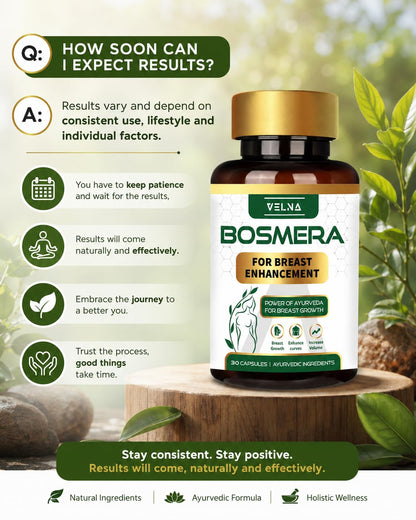 VELNA Bosmera Ayurvedic Women Wellness Capsules for Breast Growth with Shatavari & Fenugreek | Herbal Supplement for Natural Curves, Firmness & Confidence | 30 Capsules