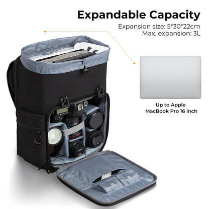 K&F Concept Camera Backpack, Hard Shell Camera Bag, Large Capacity Photography Backpack with 15.6" Laptop Compartment & Tripod Holder & Rain Cover, Bags for DSLR SLR Cameras and Accessories