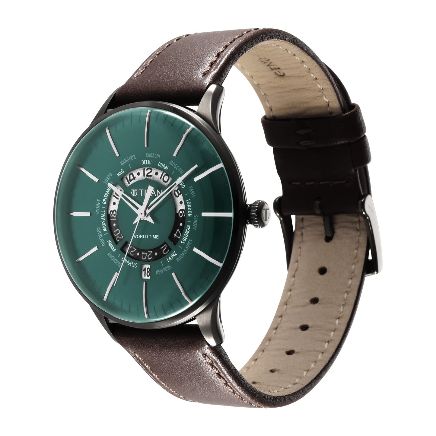 Titan Green Dial World Time with Date Leather Strap Analog Watch for Me- image 7