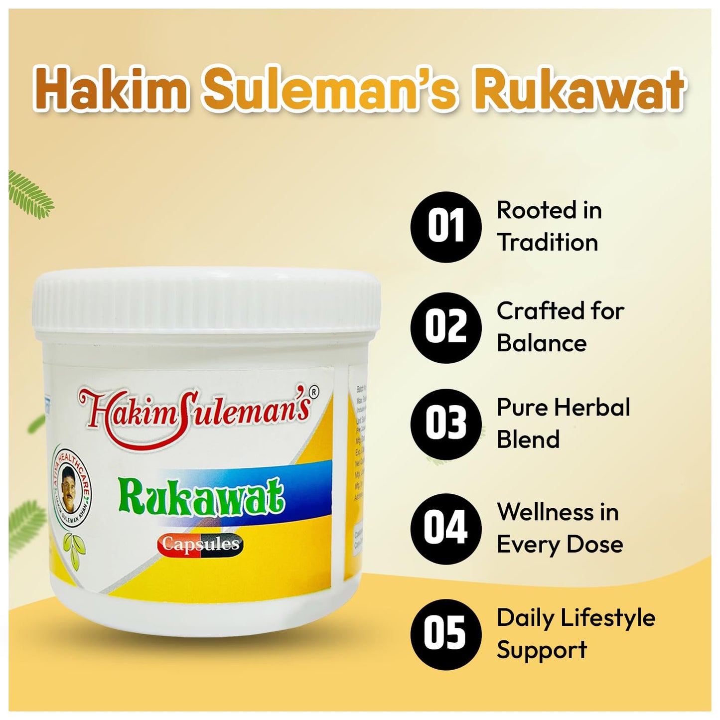 Hakim Suleman's Rukawat Capsules – Natural Herbal Supplement for Energy, Stamina, Boosts Immunity & Overall Wellness - 45 Capsules (Pack of 2)