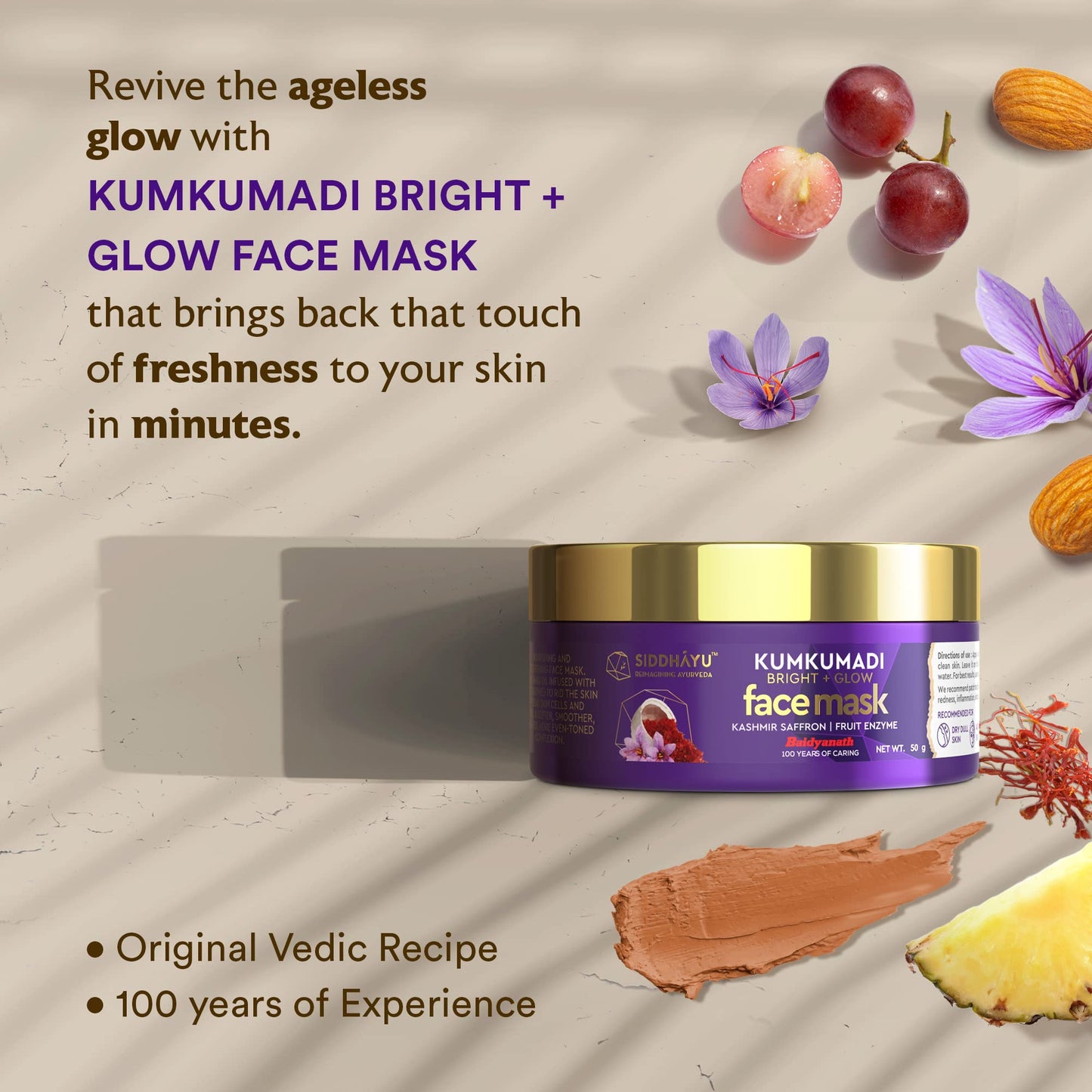 Siddhayu Kumkumadi Bright + Glow Face Mask (From the house of Baidyanath) Glowing Skin For Women/Men - 50 Gm