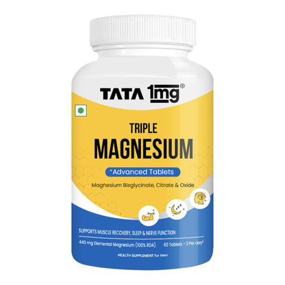 Tata 1mg Triple Magnesium Complex Tablets | Magnesium Glycinate, Citrate & Oxide Supplement | Supports Sleep, Muscle Recovery & Bone Health | Reduces Cramps & Stress – 60 Veg Tablets