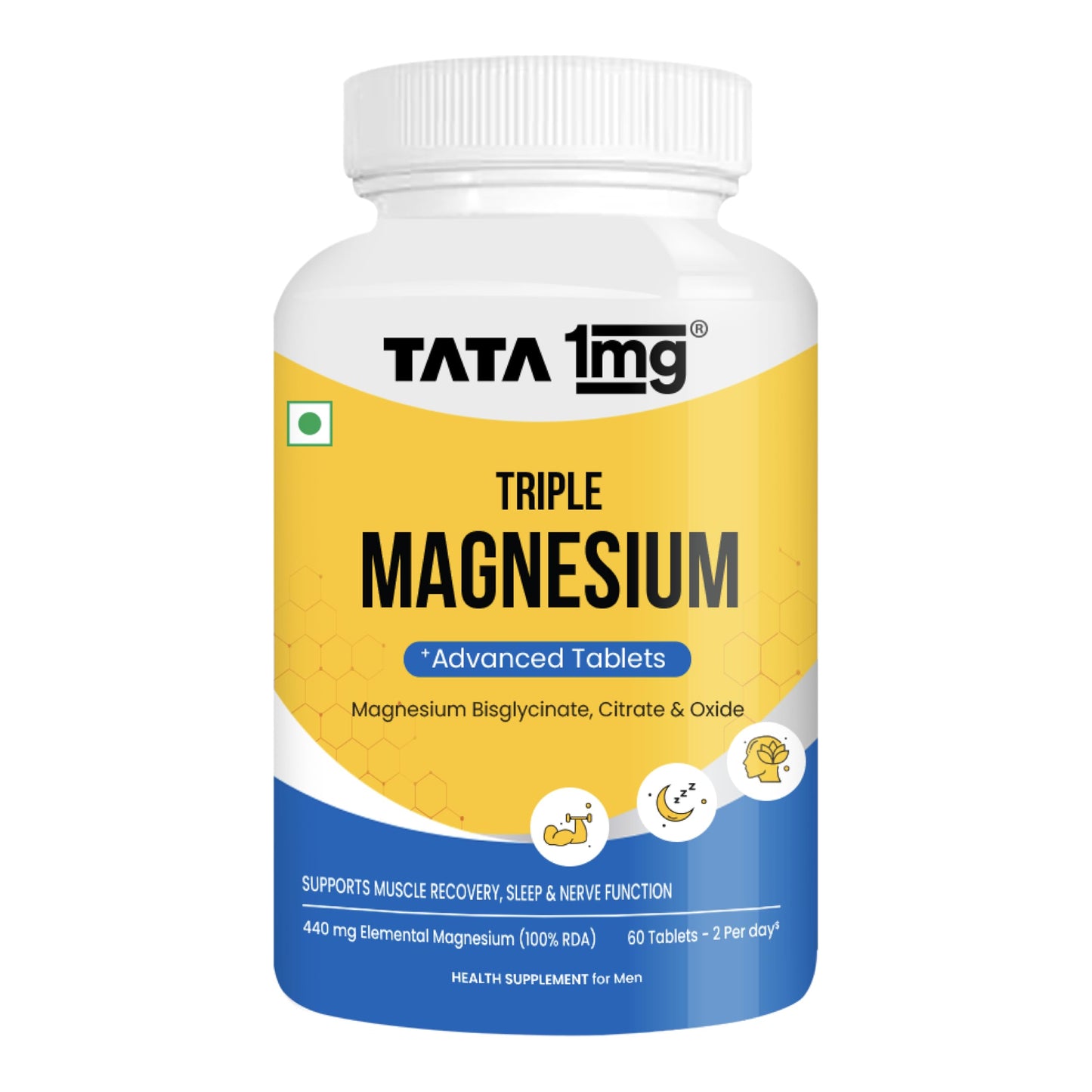 TATA 1mg Triple Magnesium Complex Tablets | Magnesium Glycinate, Citrate & Oxide Supplement | Supports Sleep, Muscle Recovery & Bone Health | Reduces Cramps & Stress – 60 Veg Tablets