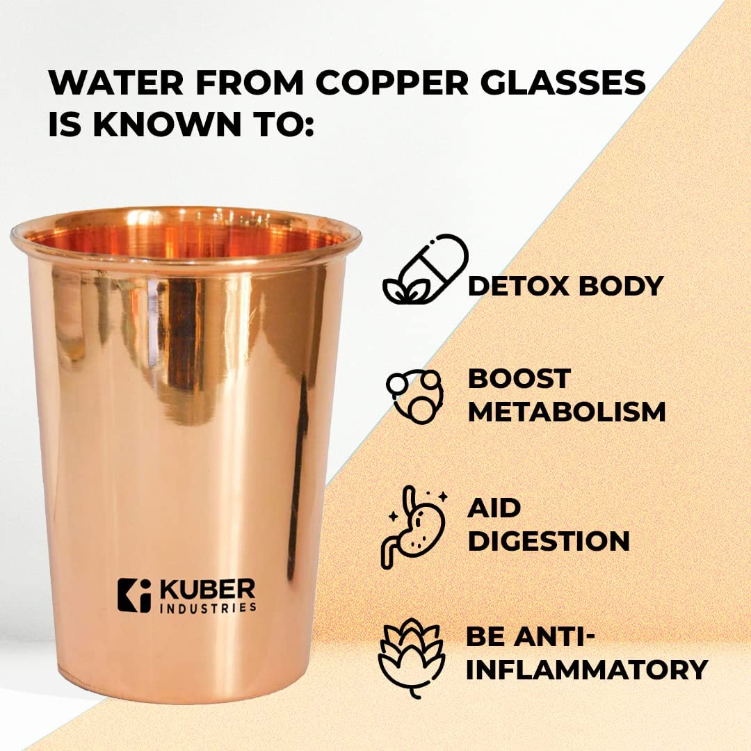 Kuber Industries Copper Water Bottle 950 ml & Pack of 2 Glasses 300ml | 100% Pure Copper Water Bottle& Glasses I Leak Proof, Rust Proof I Copper Utensils For Home, School & Office