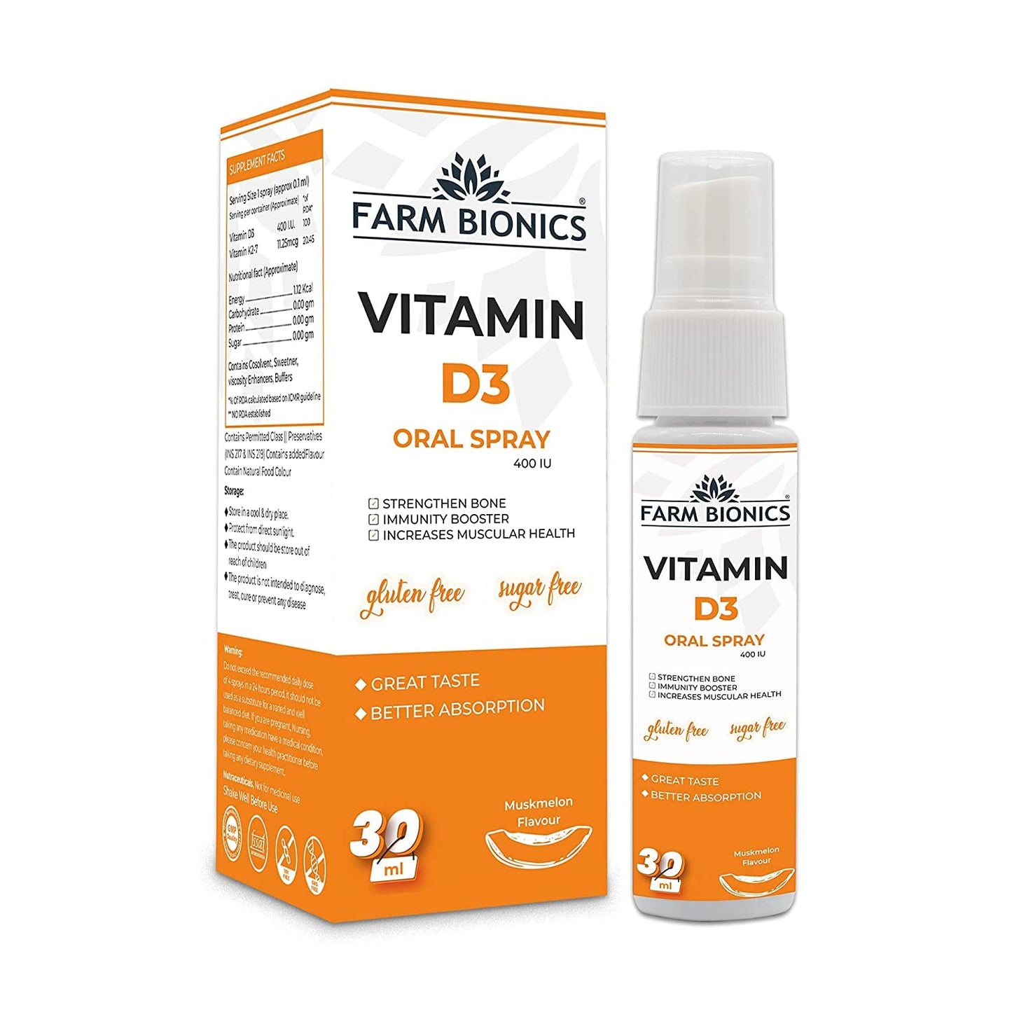 FARM BIONICS Combo of Guava Flavour Vitamin B12 and Muskmelon Flovour Vitamin D3 Oral Spray, 30ml | 100% Vegetarian | Sugar and Gluten Free | Immunity Booster Spray for Men and Women