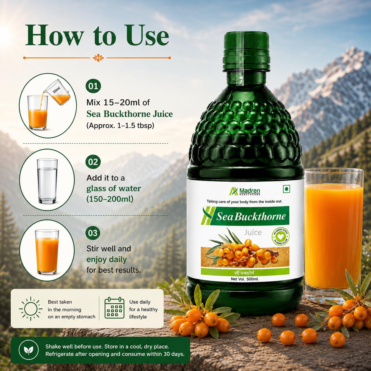 Madren Healthcare Sea Buckthorn Juice 500ml | Clinically Tested Himalayan Sea Buckthorn Berry Juice | Rich in Omega 3 6 7 9, Vitamin C & Antioxidants | Supports Skin Care, Immunity & Body Detox | Pulp Based | No Added Sugar