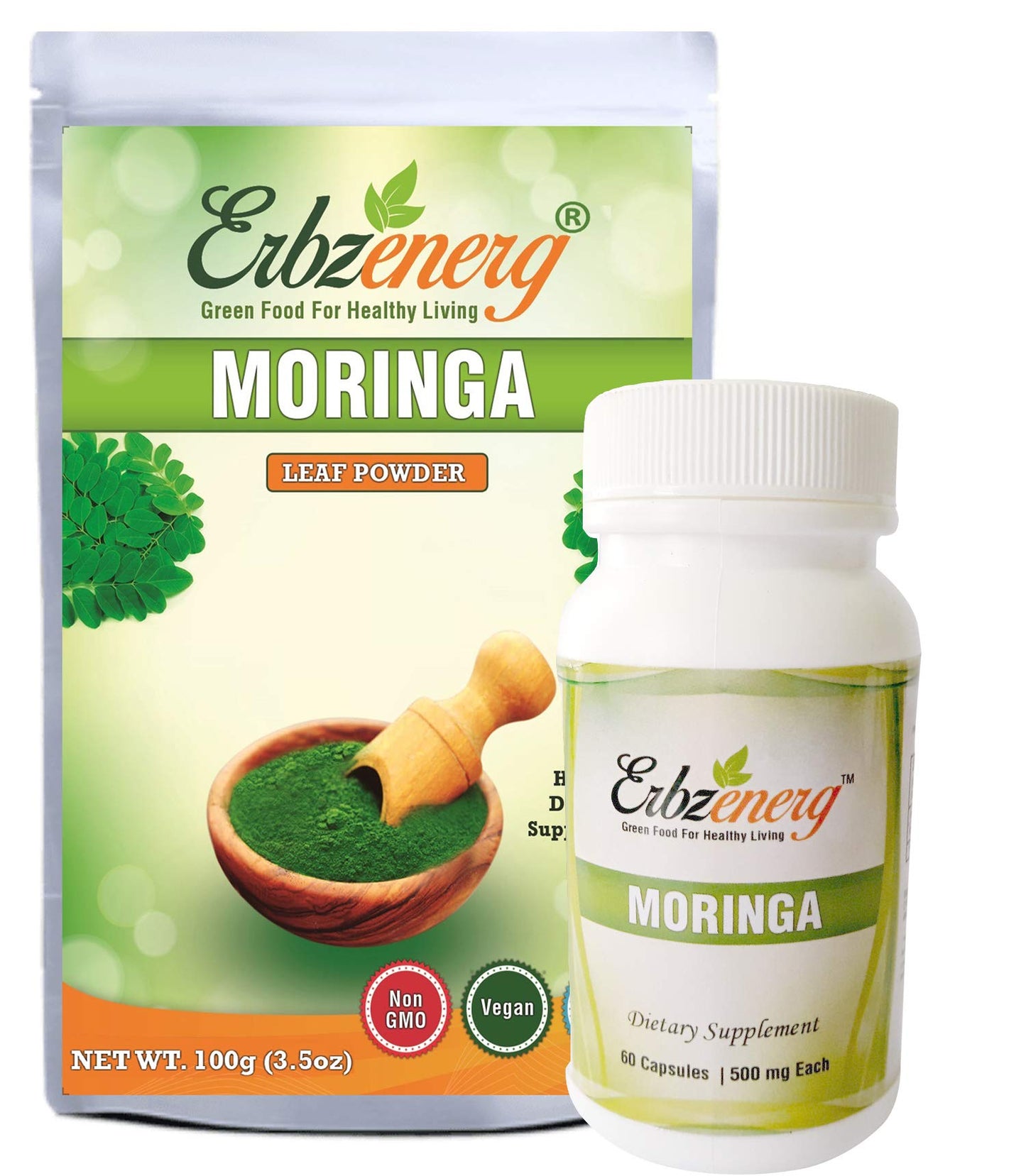 ERBZENERG Organic MORINGA Powder 100g and 60 Capsules