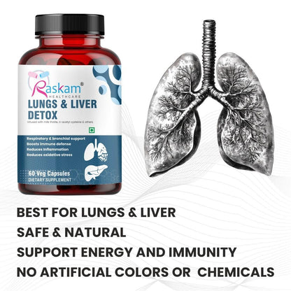 Raskam Lungs & Liver Detox Supplement with Milk Thistle & N-Acetyl Cysteine for Immune Support, 60 Veg Capsules