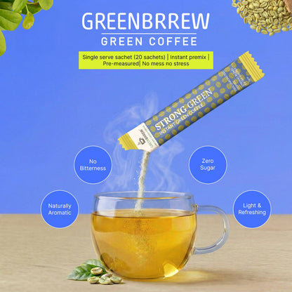 Greenbrrew Instant Strong Green Coffee Powder, 20 Sachets, 60g | Bold Roast Profile for Coffee Drinkers Switching from Roasted Coffee | Antioxidant Rich, Vegan, Probiotic