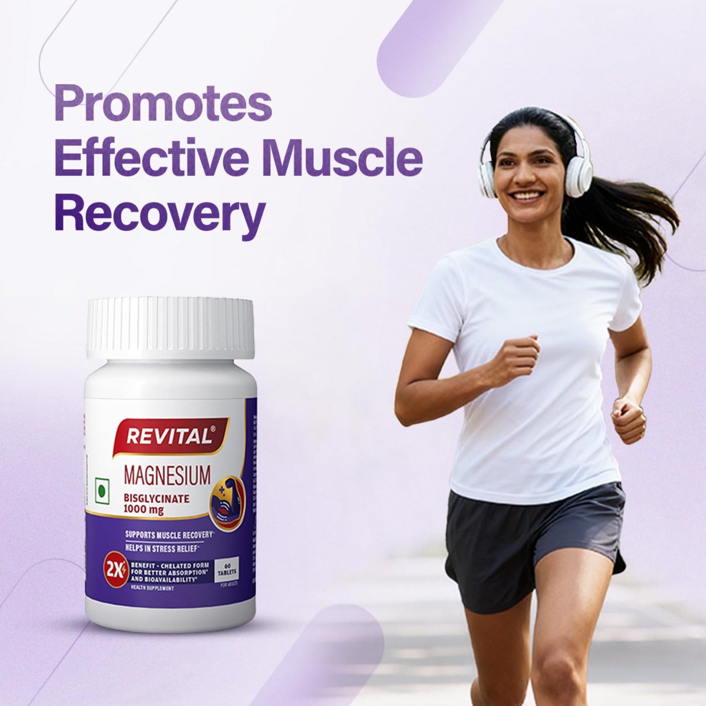 Revital Magnesium Bisglycinate | Chelated |100% RDA | 440mg Elemental Magnesium| 13% Higher Absorption| Scientifically crafted for both men & women | 2.5X Higher Bioavailability | Muscle Recovery & Stress Relief | Restful Sleep Support | 60 Tablets