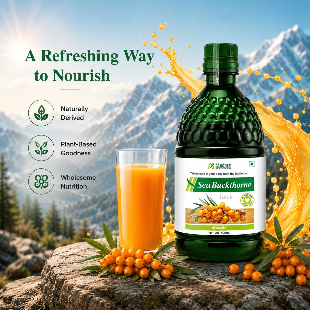 Madren Healthcare Sea Buckthorn Juice 500ml | Clinically Tested Himalayan Sea Buckthorn Berry Juice | Rich in Omega 3 6 7 9, Vitamin C & Antioxidants | Supports Skin Care, Immunity & Body Detox | Pulp Based | No Added Sugar