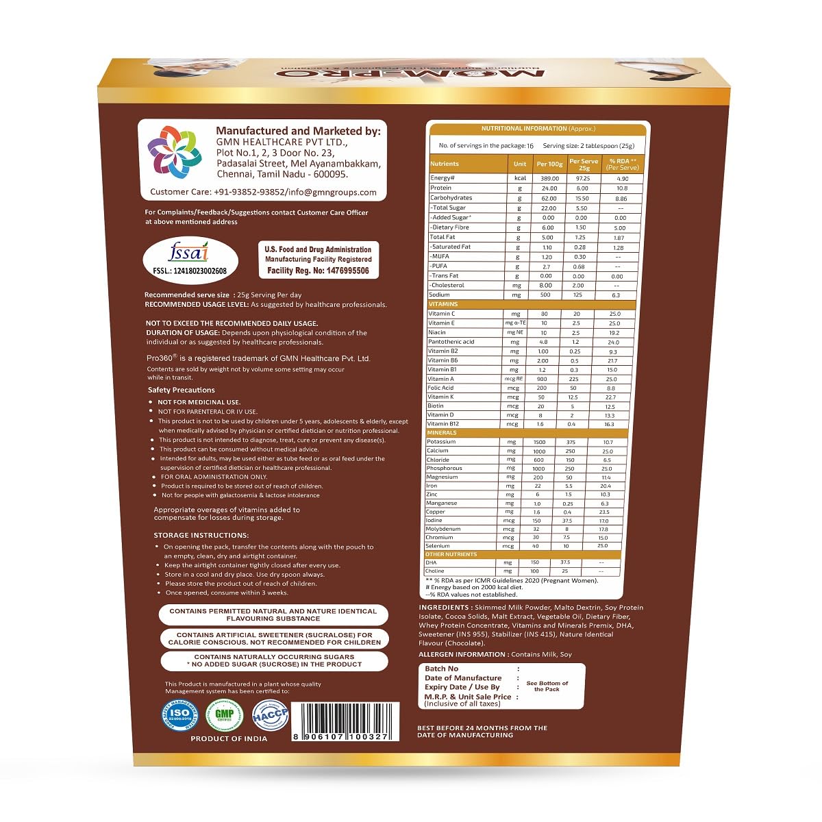 Pro360 MOM Protein Powder Nutritional Supplement for Pregnant & Lactating Women – Complete Maternal Nutrition during Pregnancy – Swiss Chocolate Flavor – (400+400) g Pack of 2