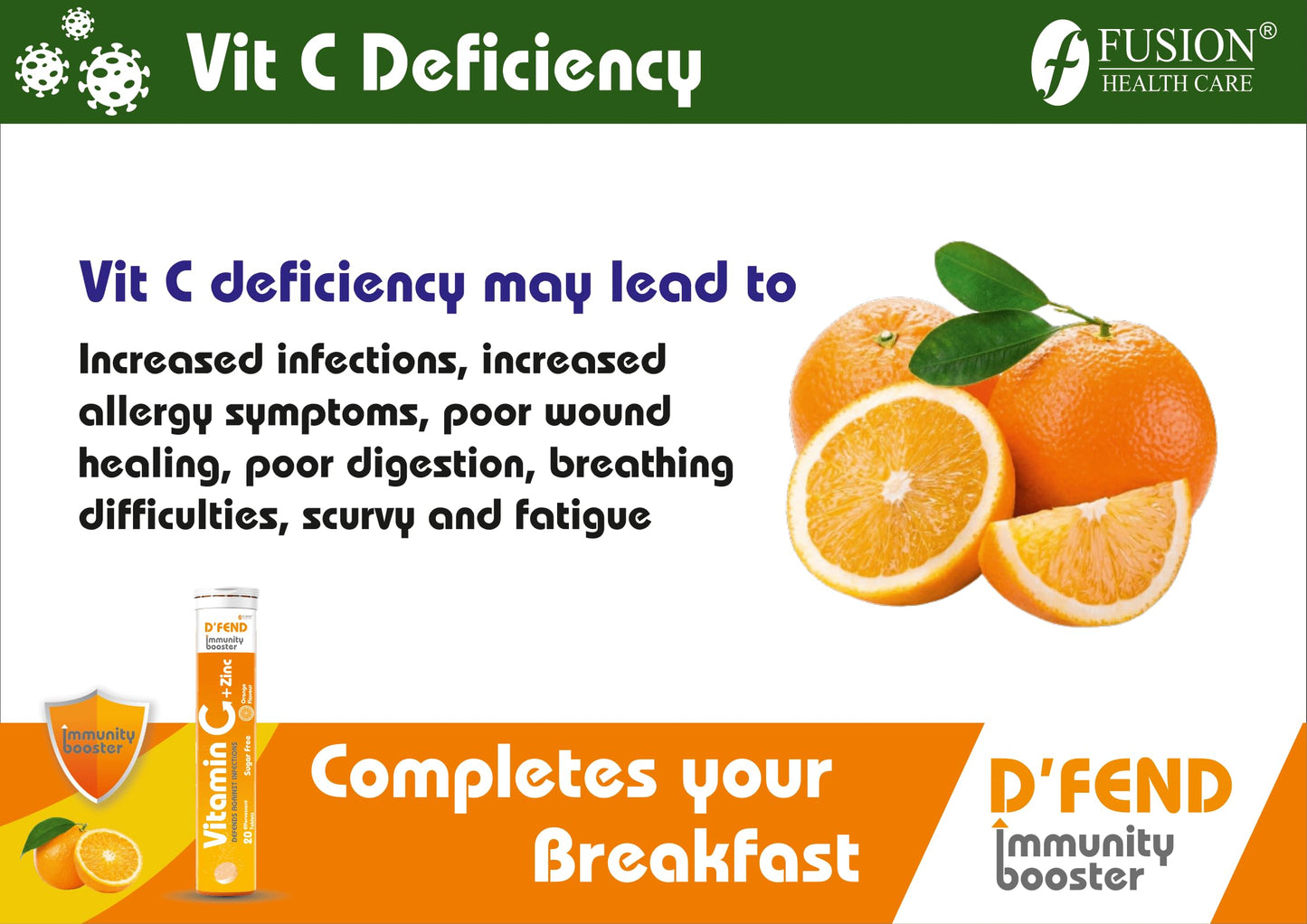 D'FEND Natural Vitamin C - 20 Effervescent Tablets, Amla Extract + Zinc for Daily Immunity | Helps to boost & Strengthens Collagen for Healthy Skin, Hair & Nails- Orange Flavour
