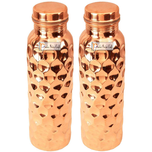 Prisha India Craft Pure Copper Water Bottle, Diamond Design, Capacity 900 ML, Set of 2