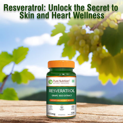 Pure Nutrition Resveratrol 255mg - 120 Veg Capsules | Powerful Antioxidant for Anti-Aging, Heart Health & Immunity | With Grape Seed Extract for Skin Radiance, Cellular Health & Healthy Aging | Supports Joint & Brain Function