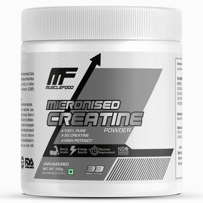 Musclefood Pure Micronised Creatine Powder | Unflavoured (100g, 33 Servings) | Supports Muscle Growth, Fast Recovery & Athletic Performance | Pre-Post workout Supplement for Men & Women | 3g Per Serve