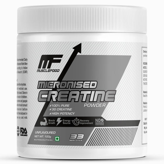 Musclefood Pure Micronised Creatine Powder | Unflavoured (100g, 33 Servings) | Supports Muscle Growth, Fast Recovery & Athletic Performance | Pre-Post workout Supplement for Men & Women | 3g Per Serve