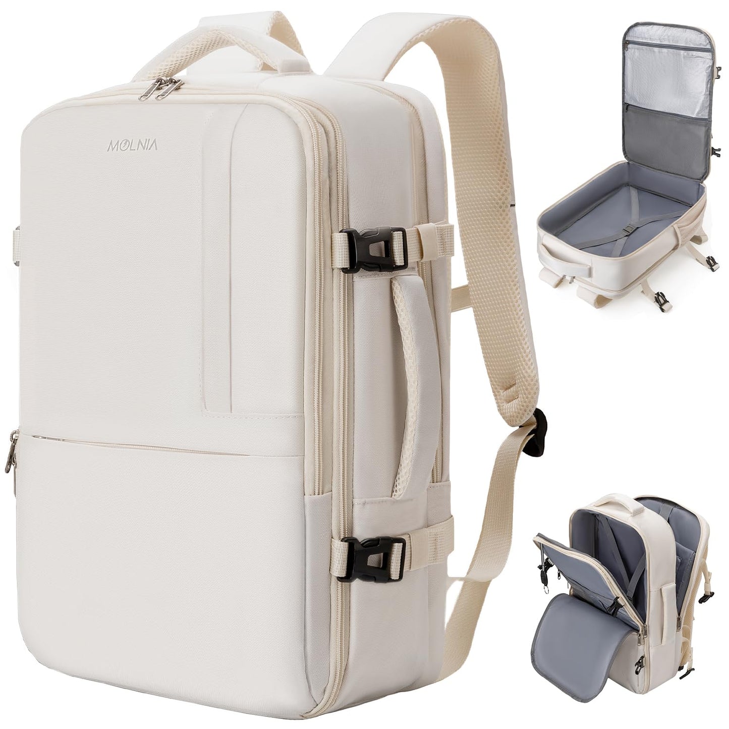 Evmyo 47L Travel Backpack for Women Men, Carry On Backpack Flight Approved, 17.3 Inch Laptop Backpack, Large Off White, Large, Travel