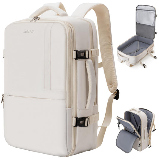 Evmyo 47L Travel Backpack for Women Men, Carry On Backpack Flight Approved, 17.3 Inch Laptop Backpack, Large Off White, Large, Travel