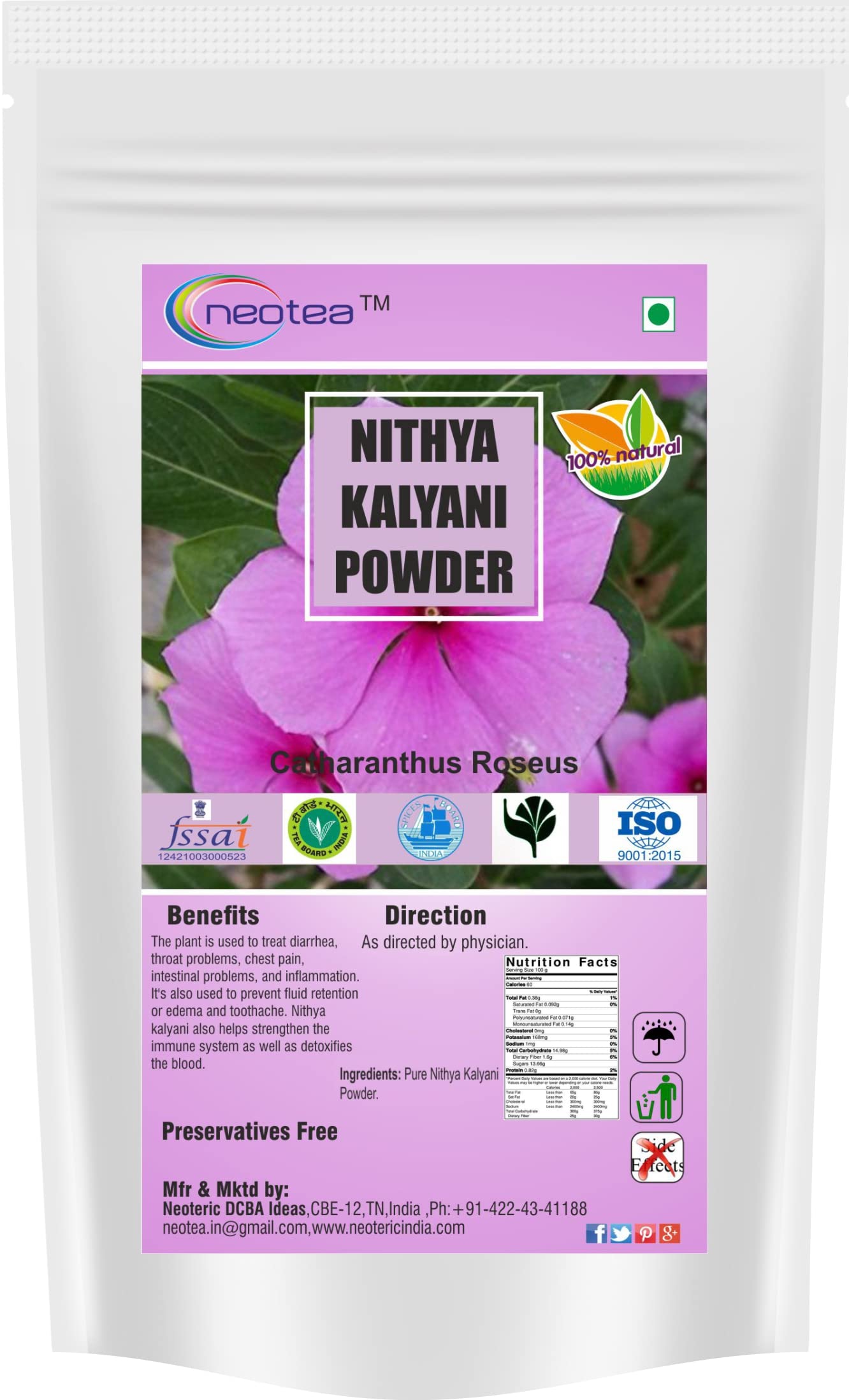 Neotea Nithya Kalyani Powder | Periwinkle Powder| Sadabahar, Old Maid Flower, An