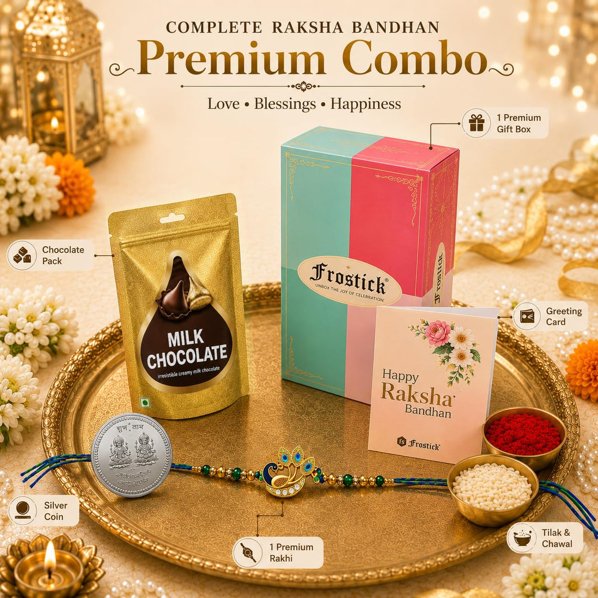 Frostick Rakhi and Chocolate Combo for Brother Includes Elegant Peacock Rakhi Set of 1 with Sweet Chocolates Thoughtful Gift Set for Raksha Bandhan Festival