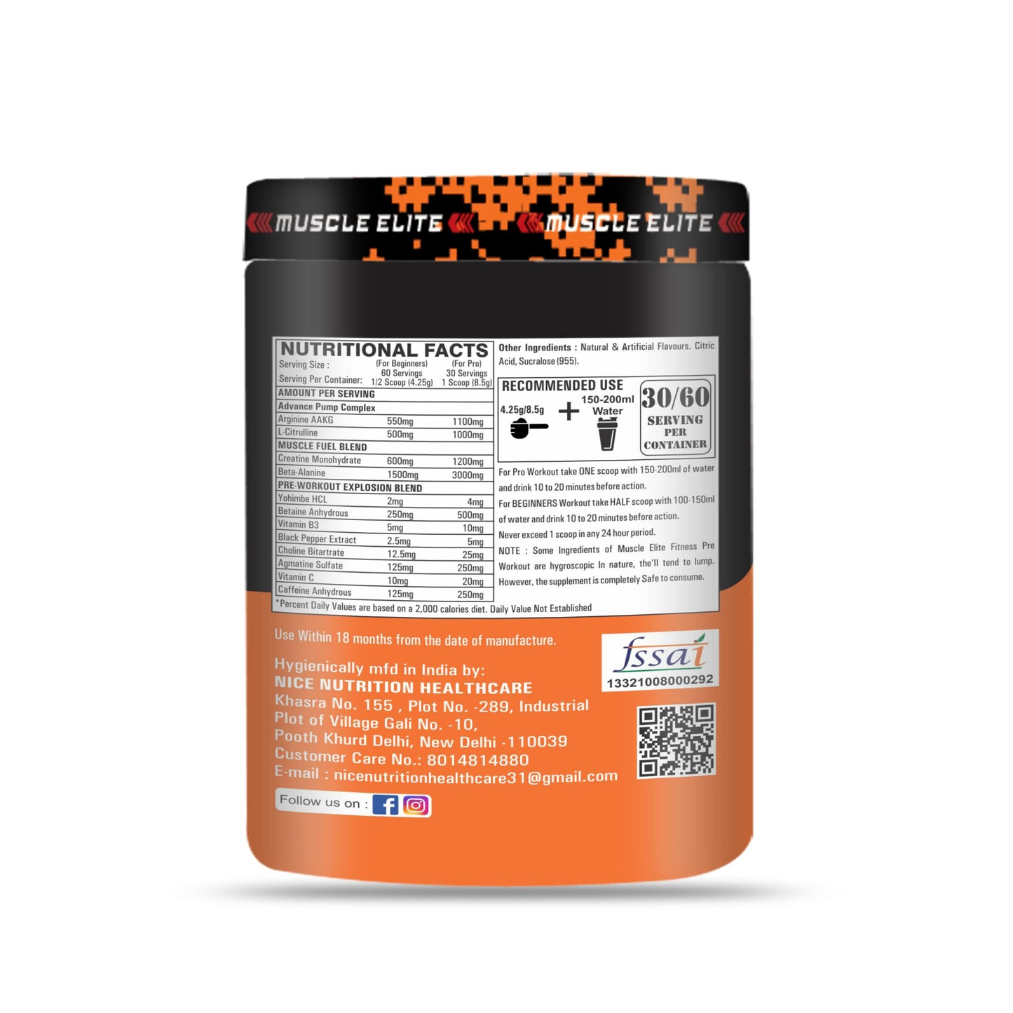 Muscle Elite Ultra Focus Pre-Workout - 60 Servings, | Watermelon L-Arginine, L-Citrulline, Creatine, Beta-Alanine, Natural Caffeine | Best Pre Workout for Men & Women [Orange, with Sipper]
