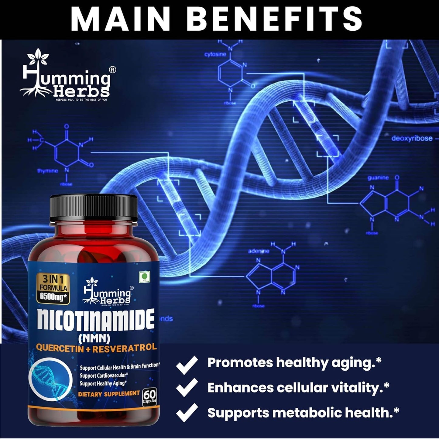 Humming Herbs NMN Nicotinamide Mononucleotide with Resveratrol & Quercetin | Supports Cellular Health, Boosts NAD+ Levels, Promotes Energy & Healthy Aging | Advanced Anti-Aging Formula 60 capsule