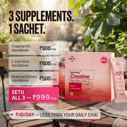 Setu Sparkling Creatine HCL | Effervescent Powder | With L-Carnitine & Beetroot Extract | For Lean Muscles, Stamina & Recovery | Berry Lemonade Flavor | 25 Servings