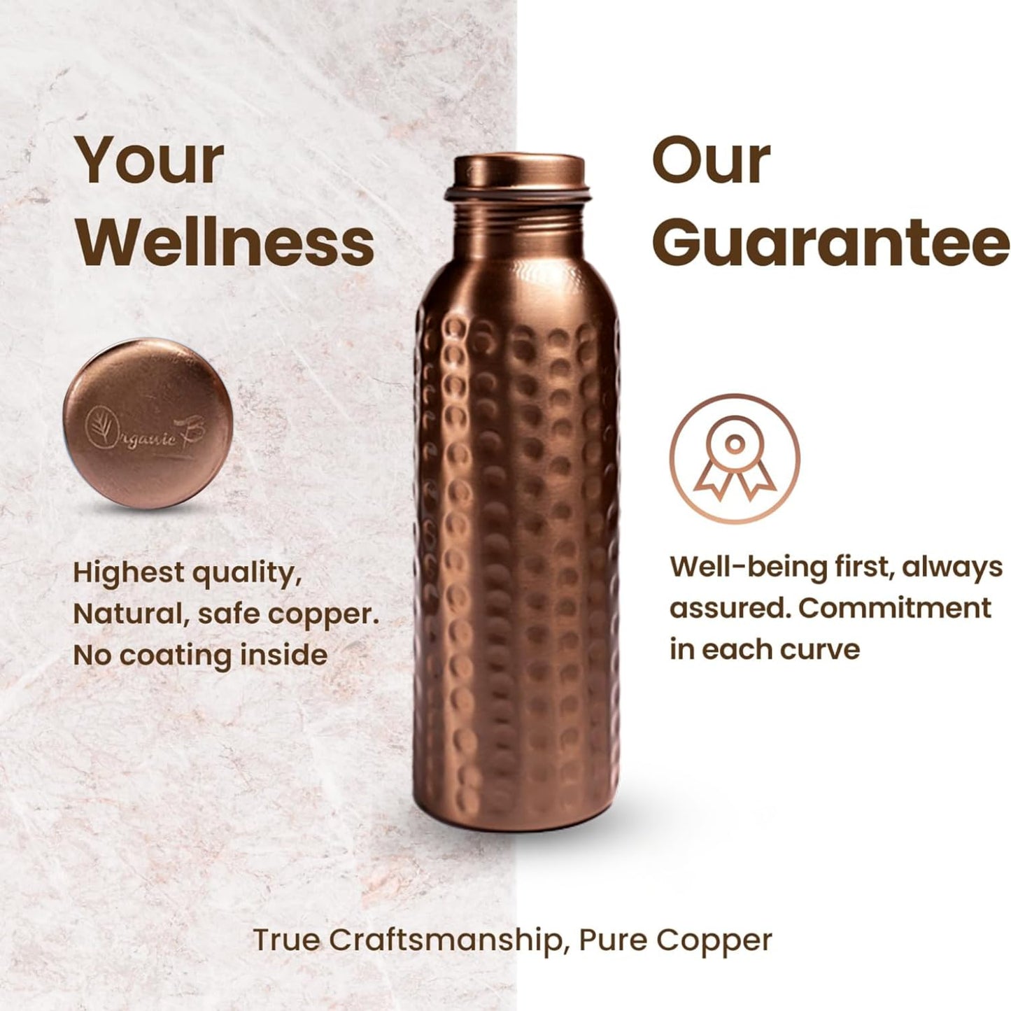 Organic B Copper Water Bottle 1 Litre | Water Bottle For Office | Rakhi Gift for Sister | 100% Pure Copper Insulation Wide Mouth With Ergonomic Design | Leak Proof | Water Bottle For Home - Pack of 2