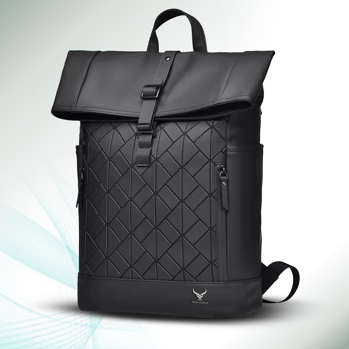 REDHORNS 30L Waterproof 15.6-inch Laptop Roll Top Backpack for Men and Women, Unisex PU Leather Laptop Bag for Office, School, College, Business Bag with Multiple Compartments (Black)