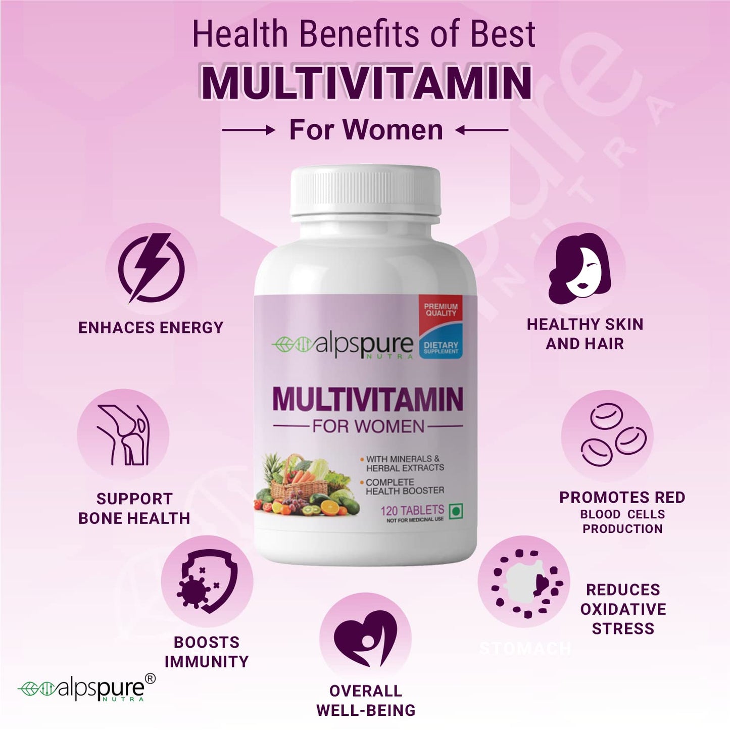 Alpspure Nutra Multivitamin for Women (120 Veg Tablets) with Minerals & Herbal Extracts suited for Women’s Health | Boosts Energy, Immunity & Skin Health | 33 Vital Ingredients including Beauty Blend