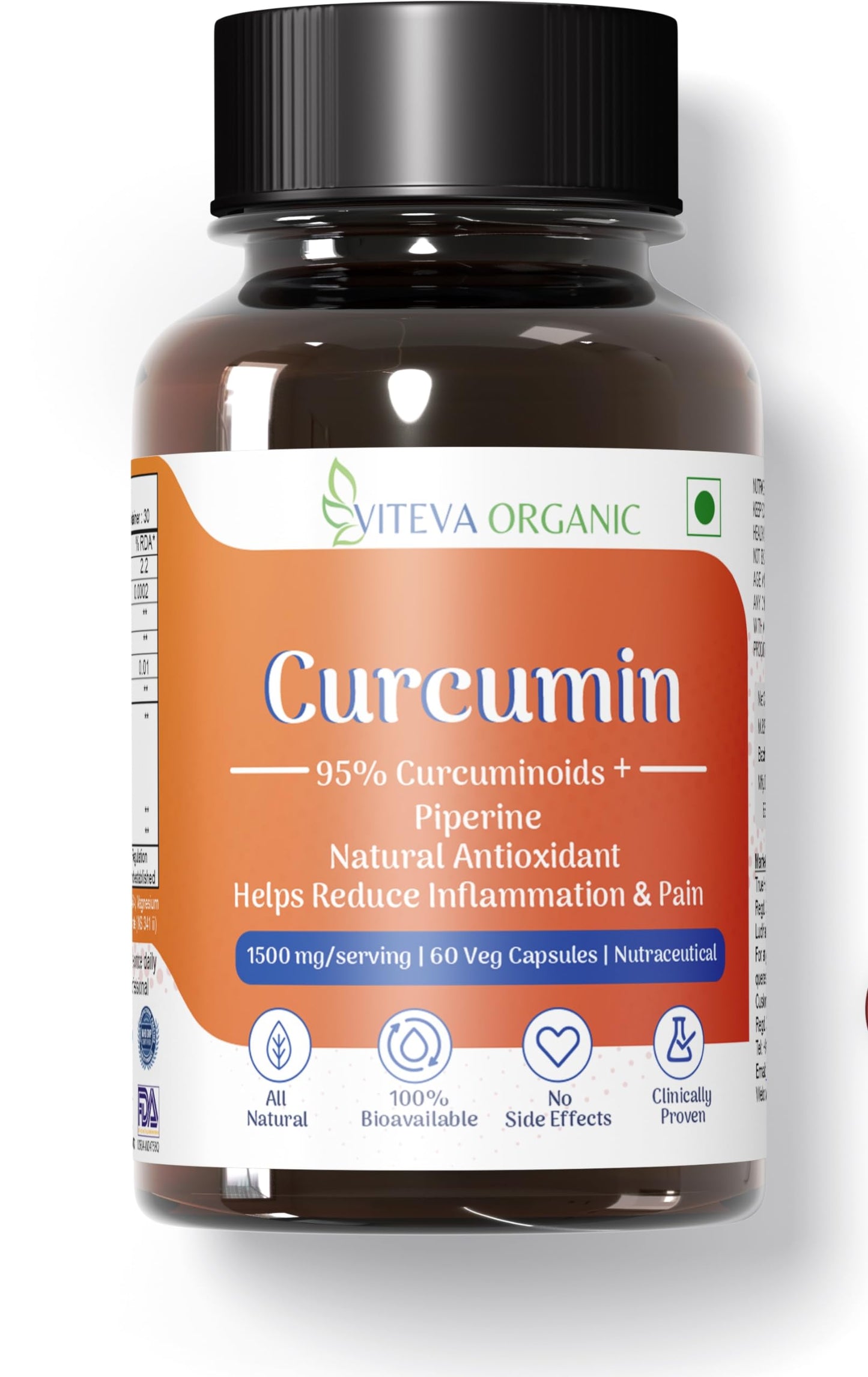 VITEVA ORGANIC Curcumin With Piperine (1500Mg Curcumin 95% Per Serving), Premium Turmeric Extract, 60 Vegetable Capsules With Piperine (Pack of 1)