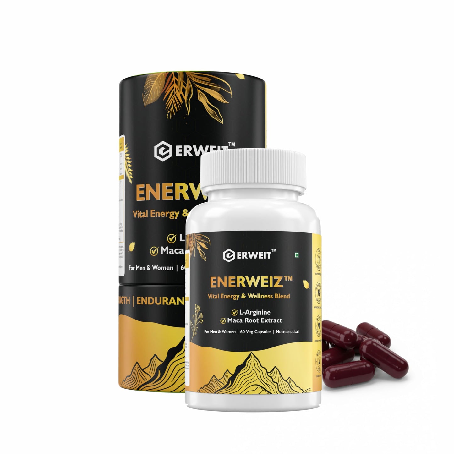 Enerweiz Daily Energy & Stamina Capsules for Men & Women | With L-Arginine & Maca Root | Supports Blood Flow, Performance & Vitality | 60 Capsules