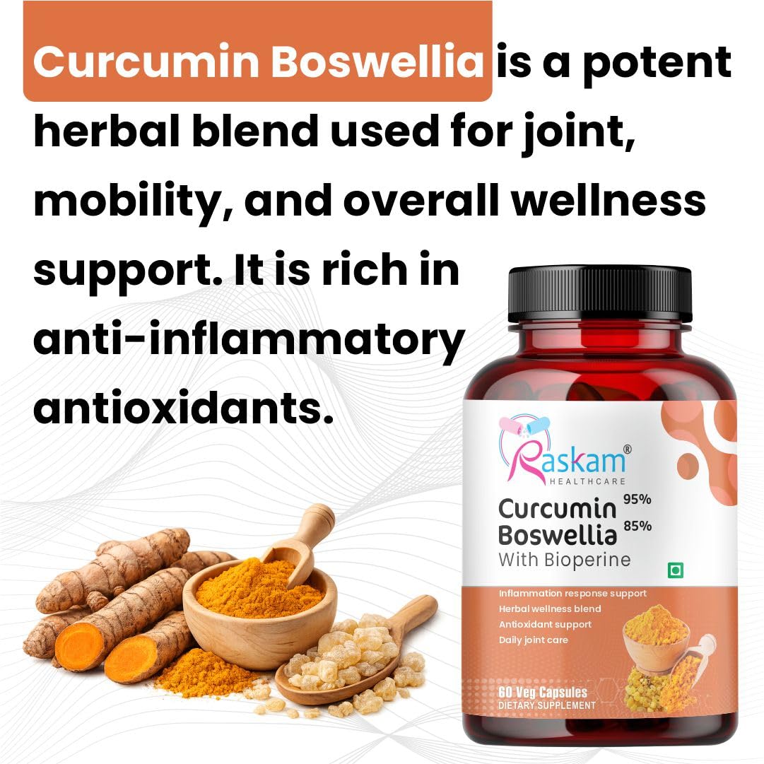 Raskam Curcumin 95%, Boswellia 85%, 510mg Capsules with Bioperine | 60 Veg Capsules | Super Antioxidant, Improves Metabolism, Fights Inflammation | 60 veg capsules