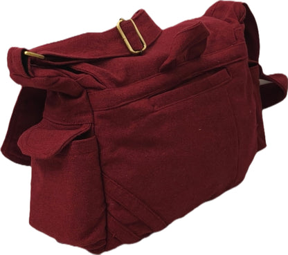 Papyrus Canvas Messenger Sling Bag,(32X23X10cm, 7.5L) Medium Size. Patching with Elephant Design (RED MAROON)