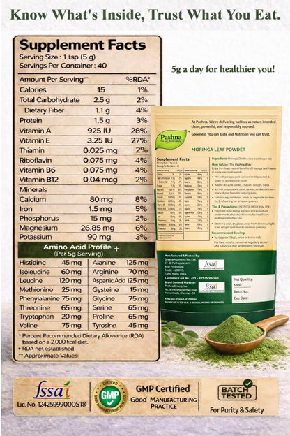 Pashna Moringa Leaf Powder 200g | Drumstick Leaves (Sahjan/Murungai Keerai) | Natural Plant-Based Health Supplement for Energy, Immunity & Detox Support