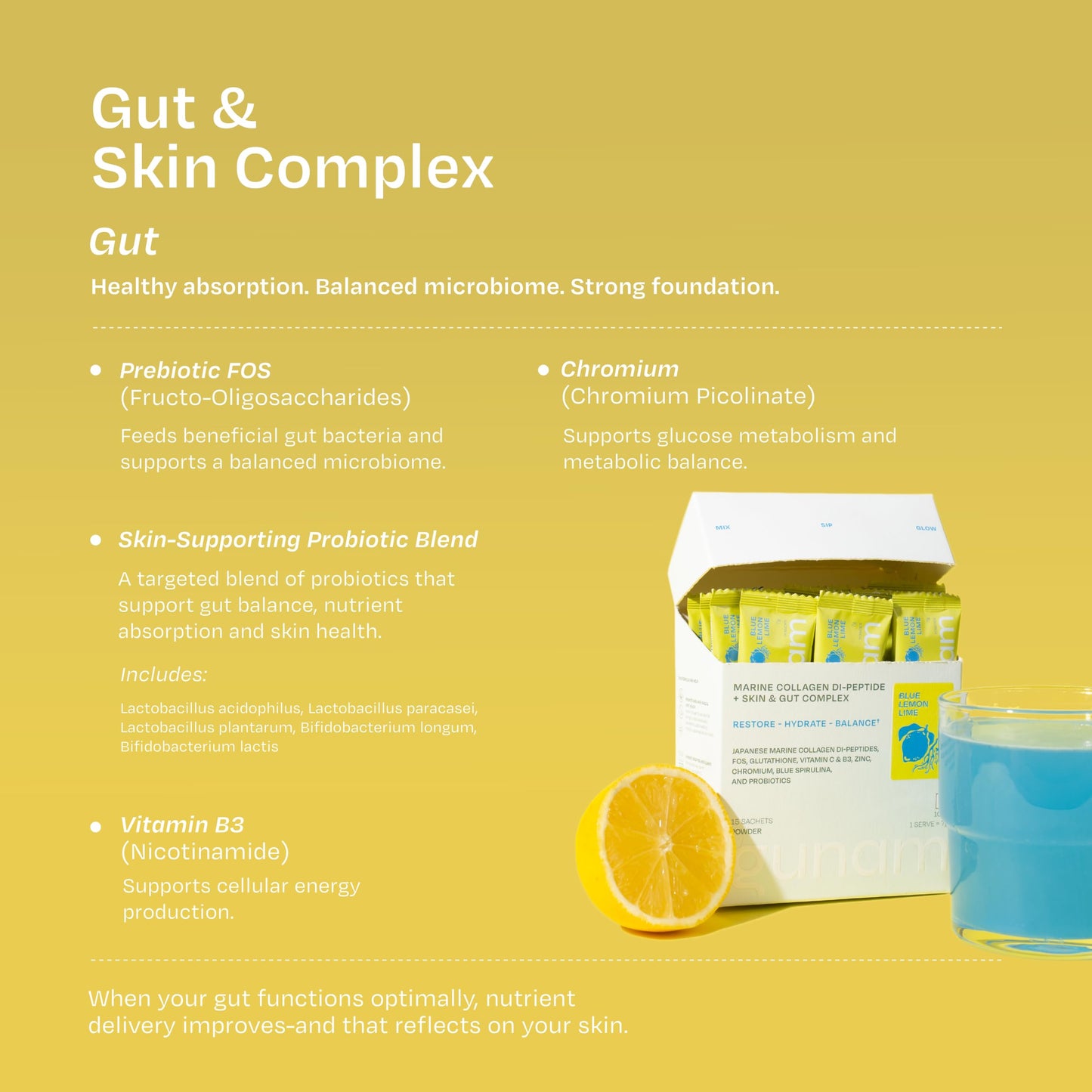Gunam Marine Collagen Di-Peptide + Skin & Gut Complex | Hydrolysed Japanese Marine Collagen Peptides| Prebiotic FOS, Glutathione, Vitamin C & B3, Zinc, Probiotics | Supports Skin Glow, Hair, Nails, Gut & Joints | Lemon Lime | 15 Sachets