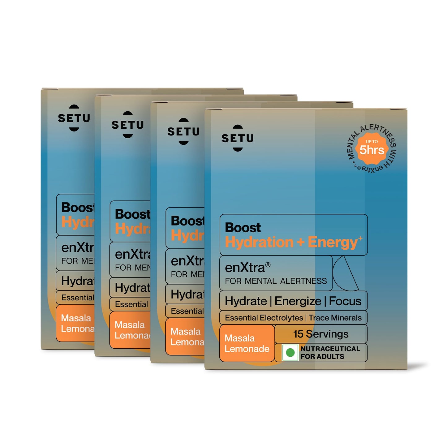 Setu Boost Hydration + Energy Electrolyte Powder Sachets with No Caffeine | Enriched with enXtra® | Masala Lemonade Flavor | Pack of 4 | 60 Sachets