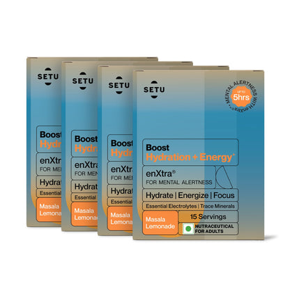 Setu Boost Hydration + Energy Electrolyte Powder Sachets with No Caffeine | Enriched with enXtra® | Masala Lemonade Flavor | Pack of 4 | 60 Sachets