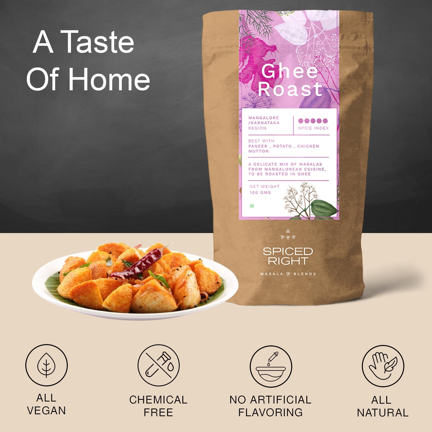 Spiced Right Mangalore Ghee Roast Masala 200gm - Authentic Mangalorean Curry Spice Masala Blend with Garlic for Chicken, Prawn, Mutton, and Veg Dishes - No Artificial Colouring or Flavouring.