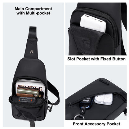 Arctic Hunter Slim Sling Bag for Men Crossbody Pack Chest Bag for Upto 8-inch iPad Small with Earphone Port Water-resistant One Shoulder Side Pouch Mobile Passport Bag for Travel Daypack Office,Black
