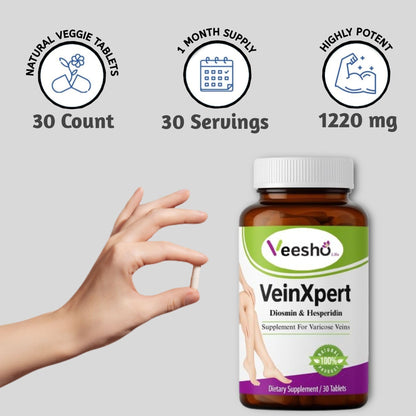 VeinXpert Varicose Vein Support | Ayurvedic Supplement for Leg Swelling, Heaviness & Pain Relief | Natural Circulation & Vein Health Formula with Diosmin, Hesperidin & Horse Chestnut | 30 Tablets