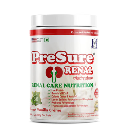 PreSure RENAL care nutrition Management of Patient with kidney disaease whey protein French Vanilla Creme Flavour 400 gm